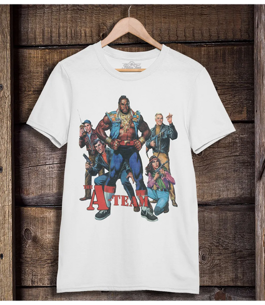 Retro Tees mens unisex short sleeve white t shirt with retro 80s TV A-Team characters design