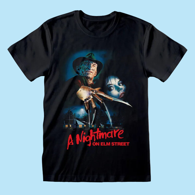 Black t-shirt with 'A Nightmare on Elm Street' graphic design featuring Freddy Krueger.