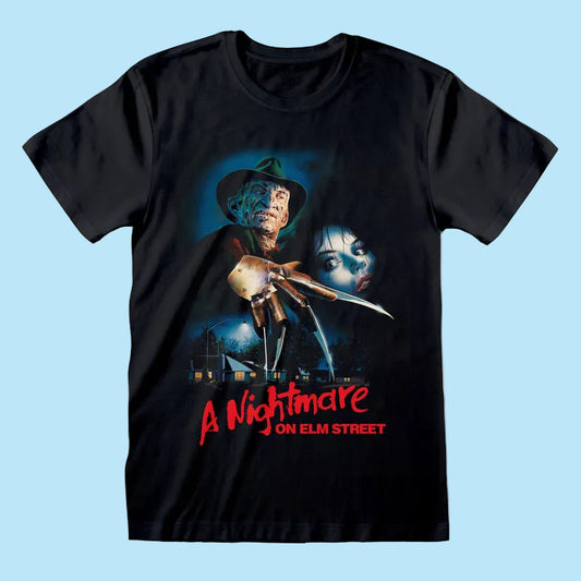 Black t-shirt with 'A Nightmare on Elm Street' graphic design featuring Freddy Krueger.