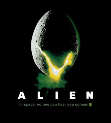 Alien movie poster with alien egg and text 'In space, no one can hear you scream' on a black background
