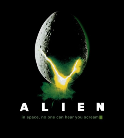 Alien movie poster with alien egg and text 'In space, no one can hear you scream' on a black background