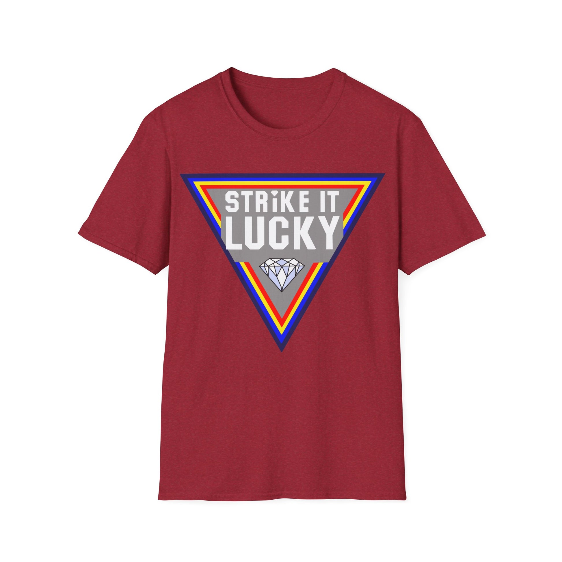 Antique Red t-shirt with 'Strike It Lucky' graphic design 
