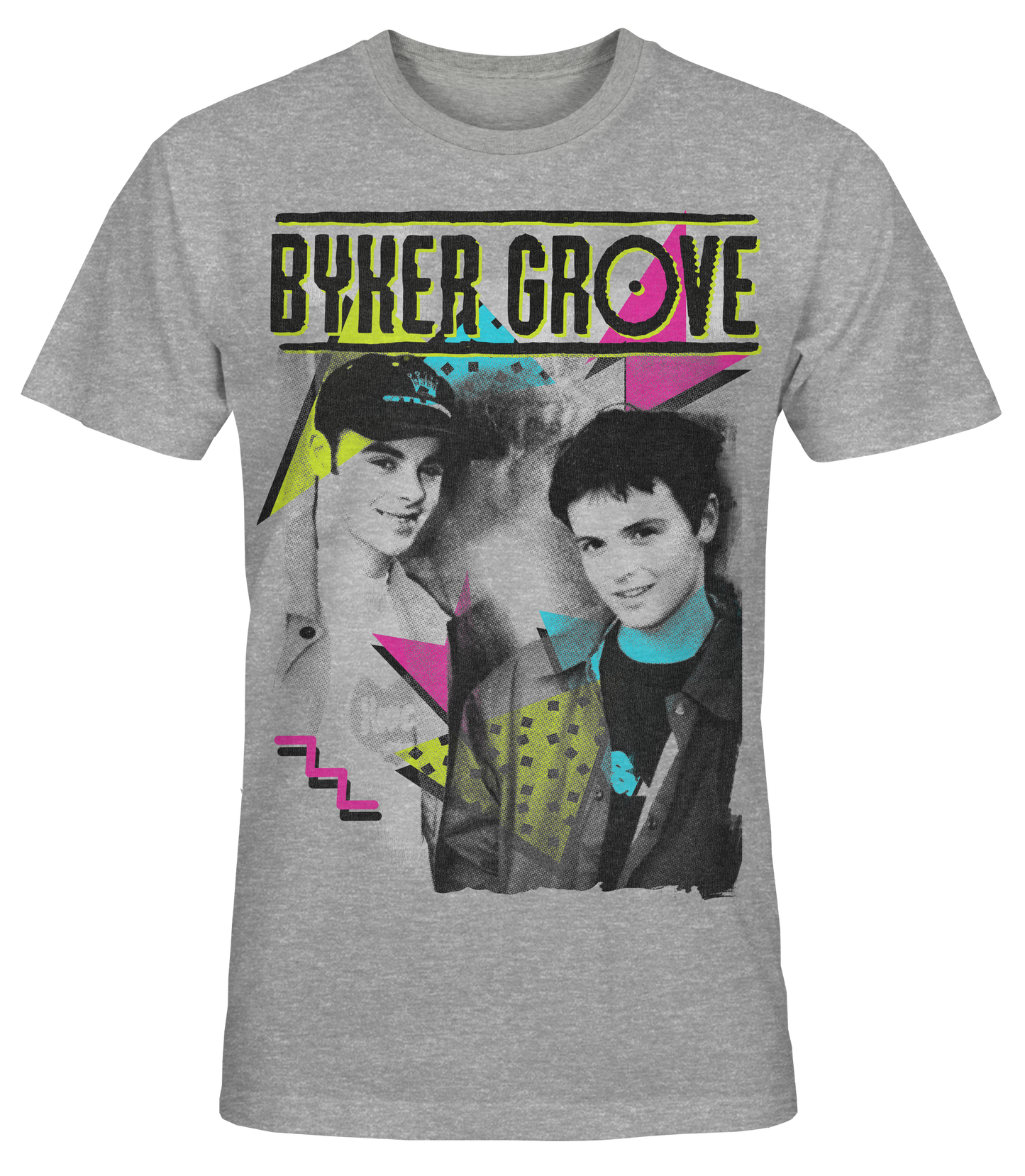 Gray t-shirt with 'Byker Grove' graphic featuring two people and colorful design elements.