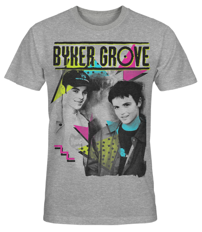 Gray t-shirt with 'Byker Grove' graphic featuring two people and colorful design elements.