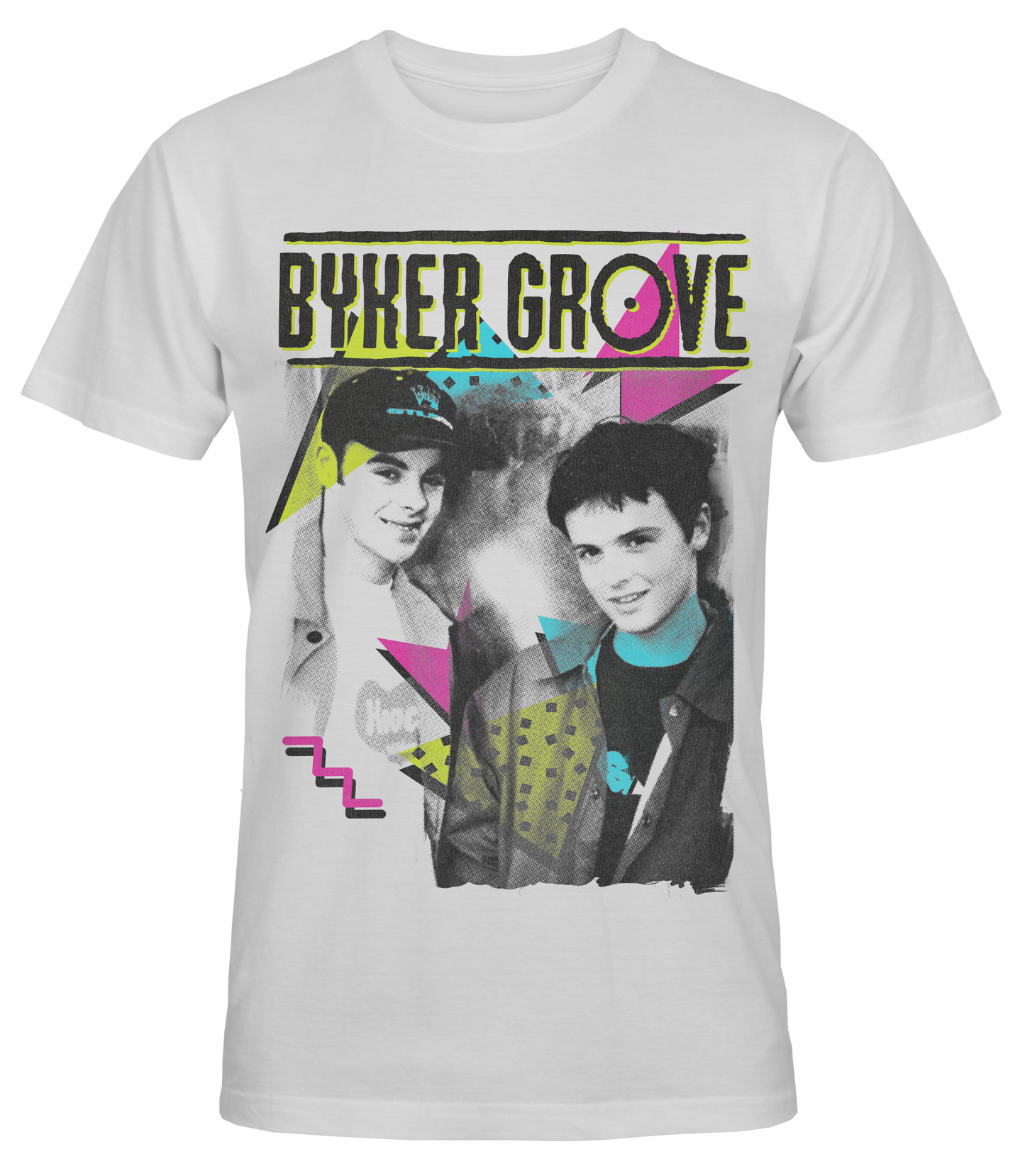 White t-shirt with 'Byker Grove' design featuring two people and colorful text on a white background
