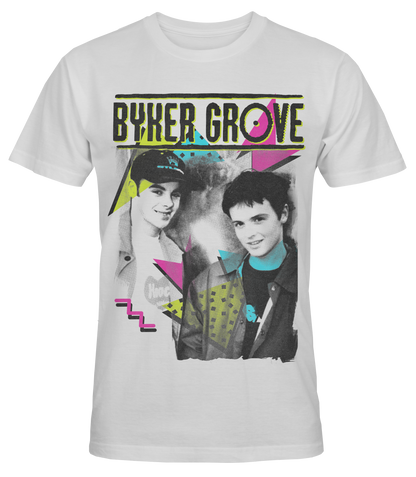 White t-shirt with 'Byker Grove' design featuring two people and colorful text on a white background