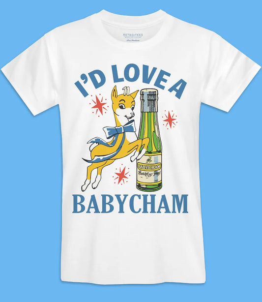 mens unisex white short sleeve t shirt with I'd love a babycham design on front