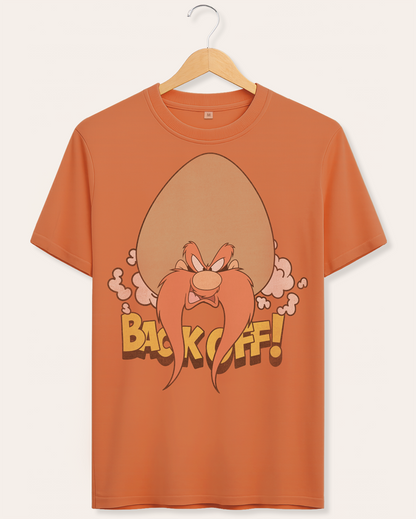 Official Looney Tunes Cinnamon t-shirt with Yosemite Sam cartoon character and 'Back Off!' text on a hanger against a cream background