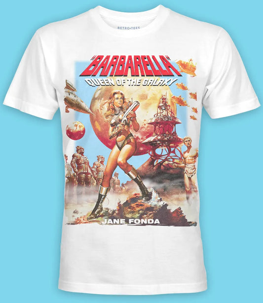 Retro Tees mens unisex white short sleeve t shirt featuring Barbarella Queen of the Galaxy movie poster design