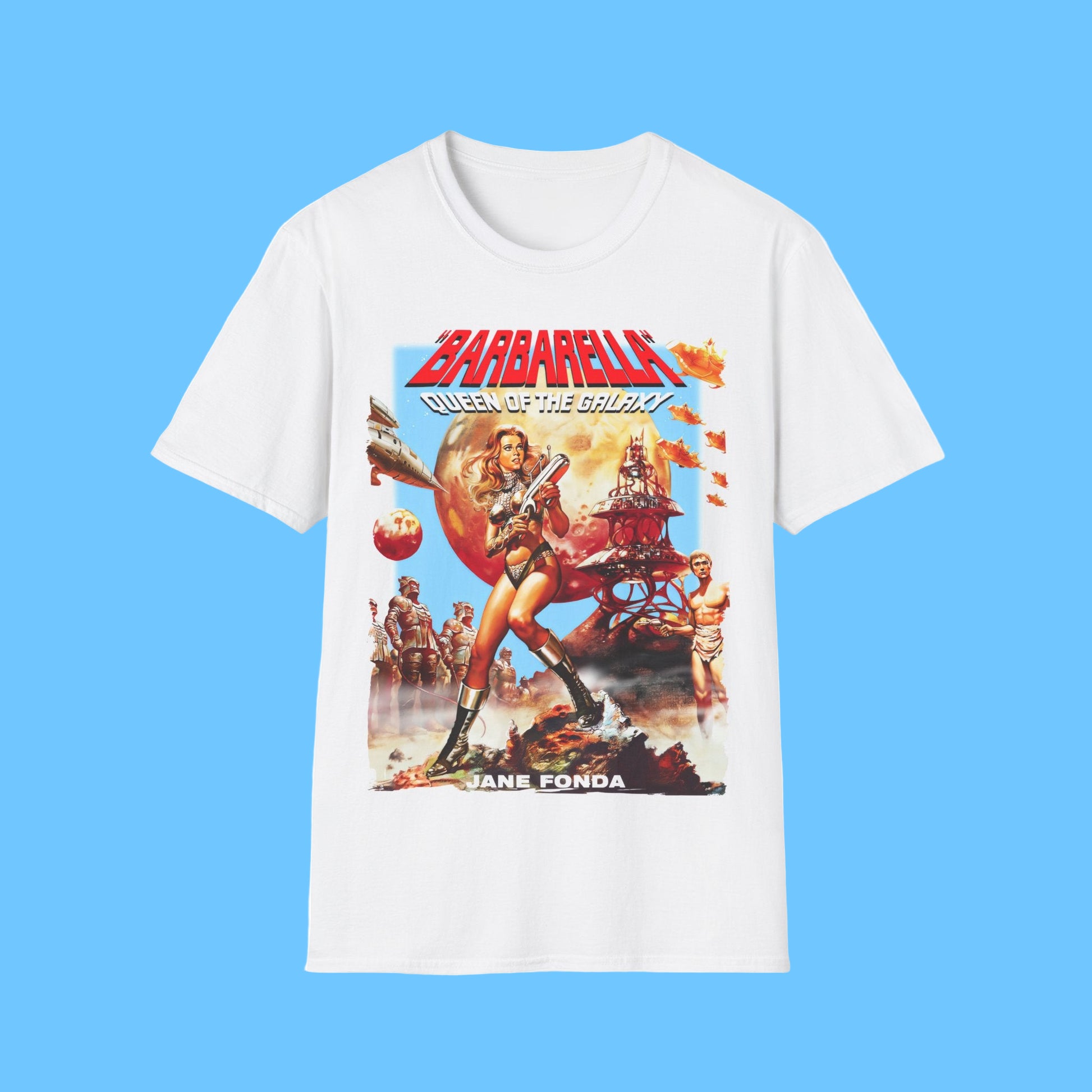 White t-shirt with 'Barbarella: Queen of the Galaxy' movie poster design on a white background