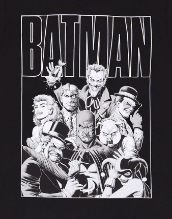 Black t-shirt with white graphic of Batman and villains on a white background