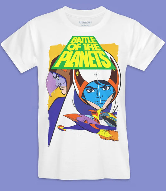 mens unisex white short sleeve t shirt featuring 80s Battle of the Planets cartoon poster print
