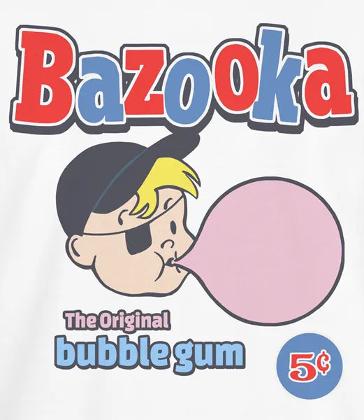Close up of Men's Unisex white short sleeve t-shirt featuring Bazooka Bubble Gum graphics