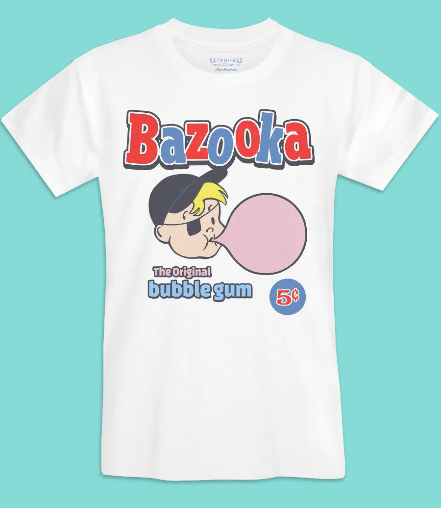 Men's Unisex white short sleeve t-shirt featuring Bazooka Bubble Gum graphics