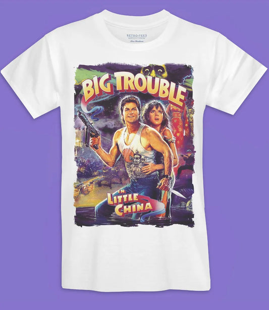 Retro Tees mens white short sleeve t shirt in white with rare movie poster design colourful big trouble in little china 