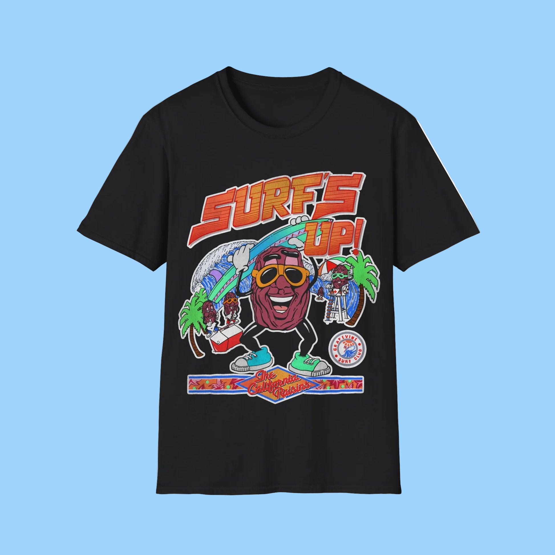 Black t-shirt with colourful Surfs Up California Raisins graphic design 