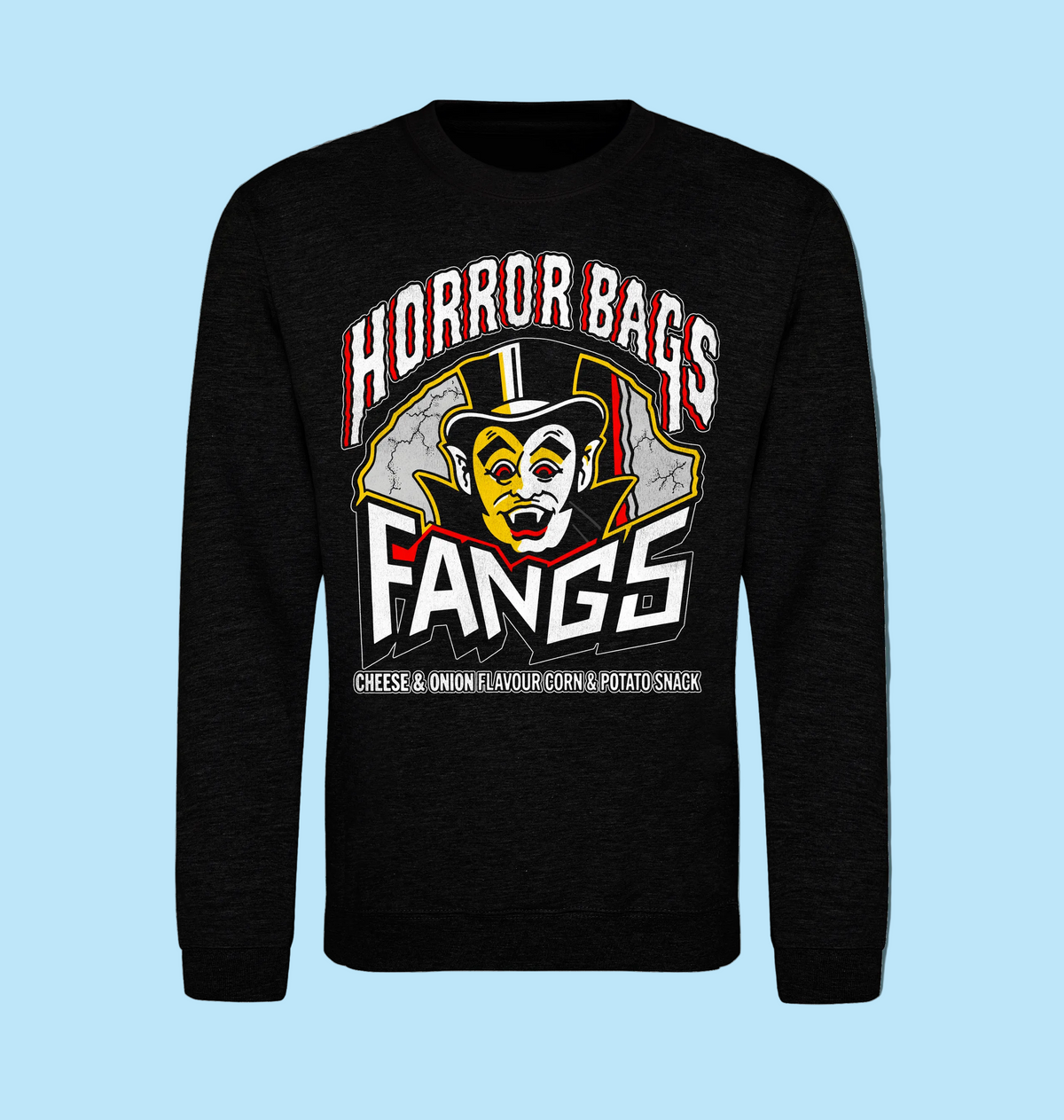 Black Smoke Printed Sweater Retro 80s snacks Horror Bags Fangs design