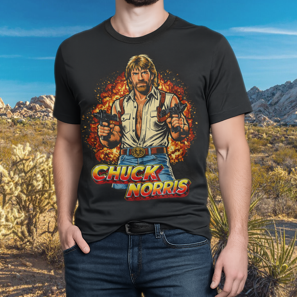 Person wearing a black t-shirt with Chuck Norris graphic in a desert setting