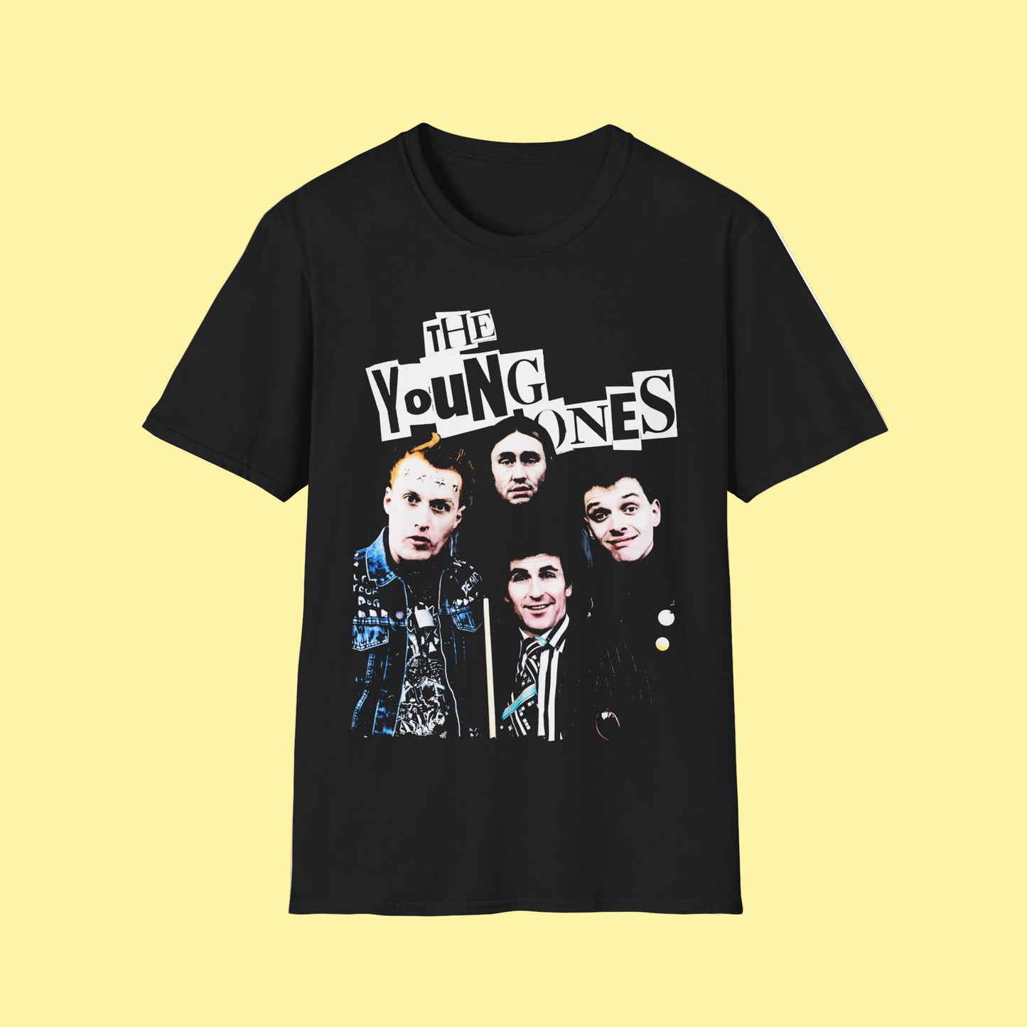 Black t-shirt with 'The Young Ones' graphic design on a white background