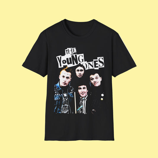 Black t-shirt with 'The Young Ones' graphic design on a white background