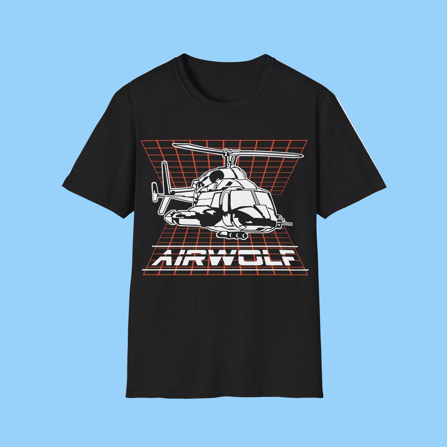 Black t-shirt with a helicopter graphic and 'AIR WOLF' text on a white background