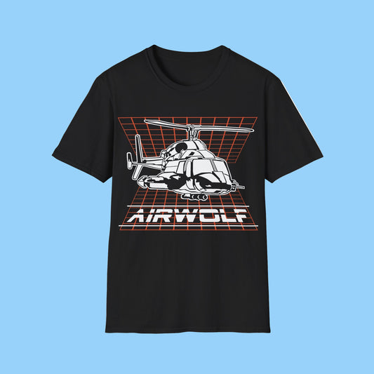 Black t-shirt with a helicopter graphic and 'AIR WOLF' text on a white background