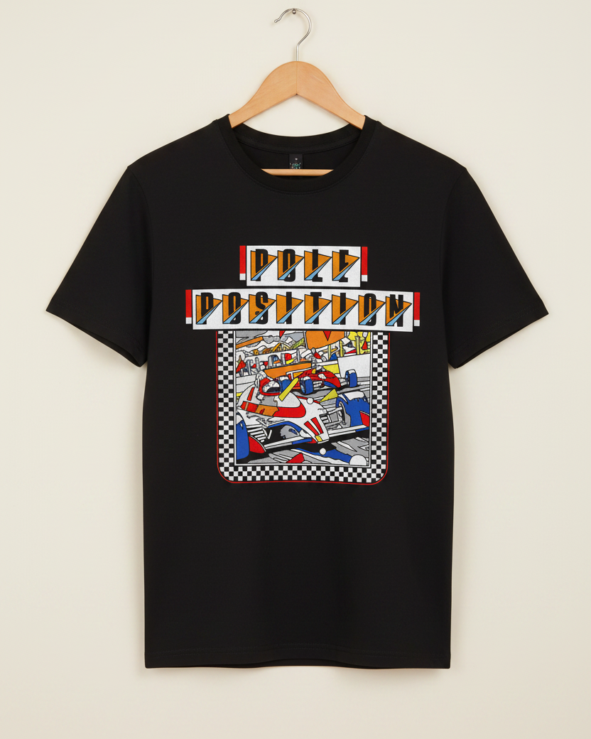 A black short-sleeve t-shirt hanging on a wooden hanger against a light beige wall. The shirt features a large graphic print on the front with the text 'POLE POSITION' in a stylized block font, above an illustration of a red, white, and blue race car on a checkered background.