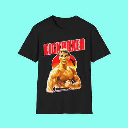Black t-shirt with 'KICKBOXER' graphic design featuring a muscular figure on a white background