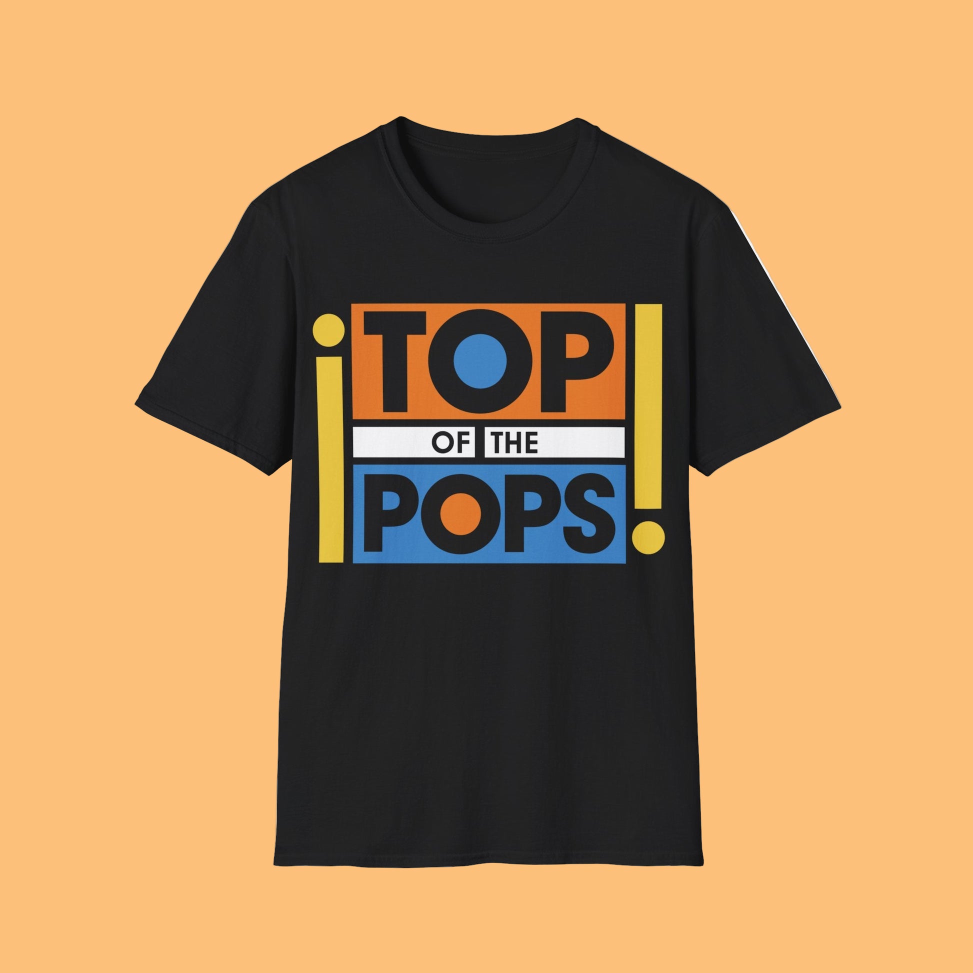 Black t-shirt with 'Top of the Pops' 90s logo
