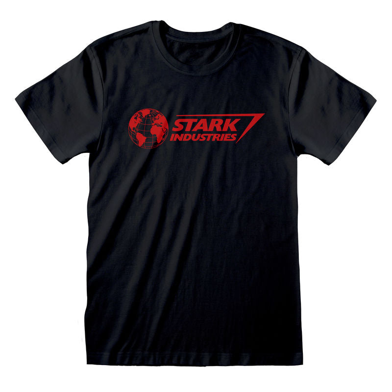 Black t-shirt with red 'Stark Industries' logo on a white background