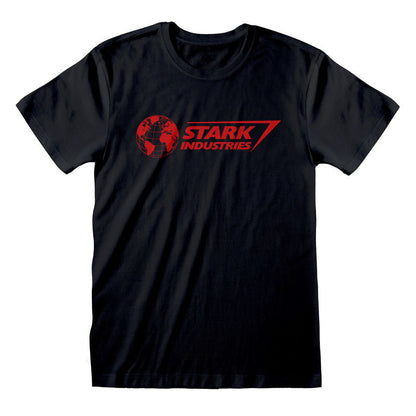 Black t-shirt with red 'Stark Industries' logo on a white background