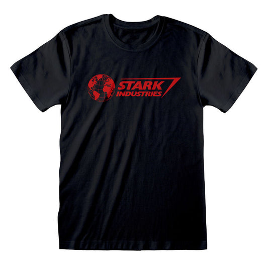 Black t-shirt with red 'Stark Industries' logo on a white background