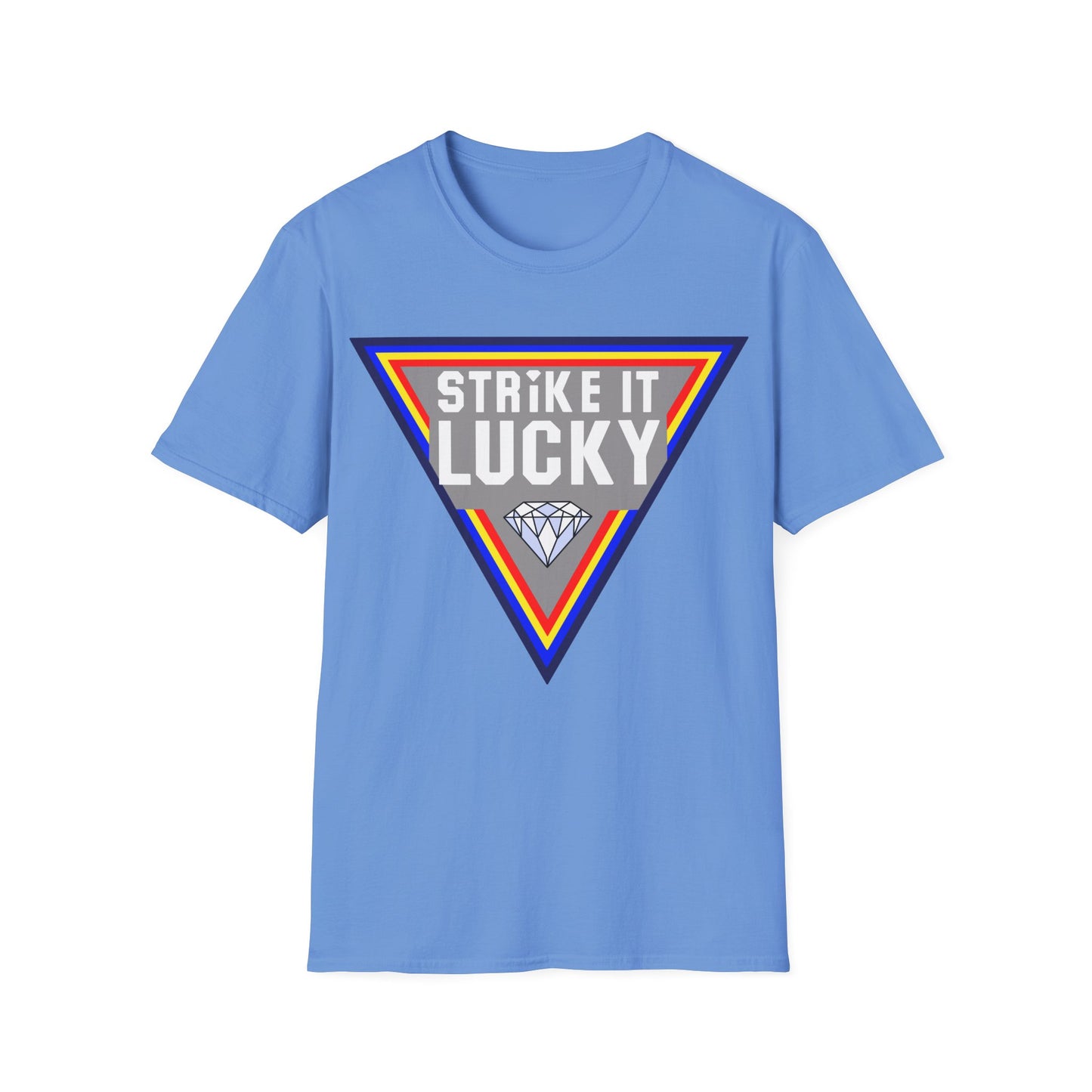 Blue t-shirt with 'Strike It Lucky' graphic 