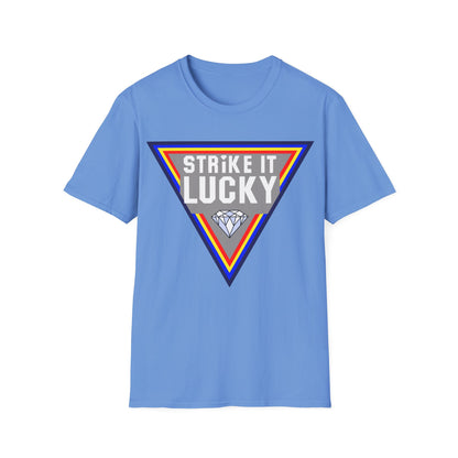 Blue t-shirt with 'Strike It Lucky' graphic 
