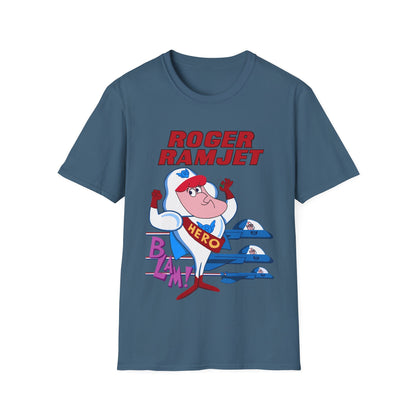 Blue t-shirt with 'Roger Ramjet' graphic design on a white background