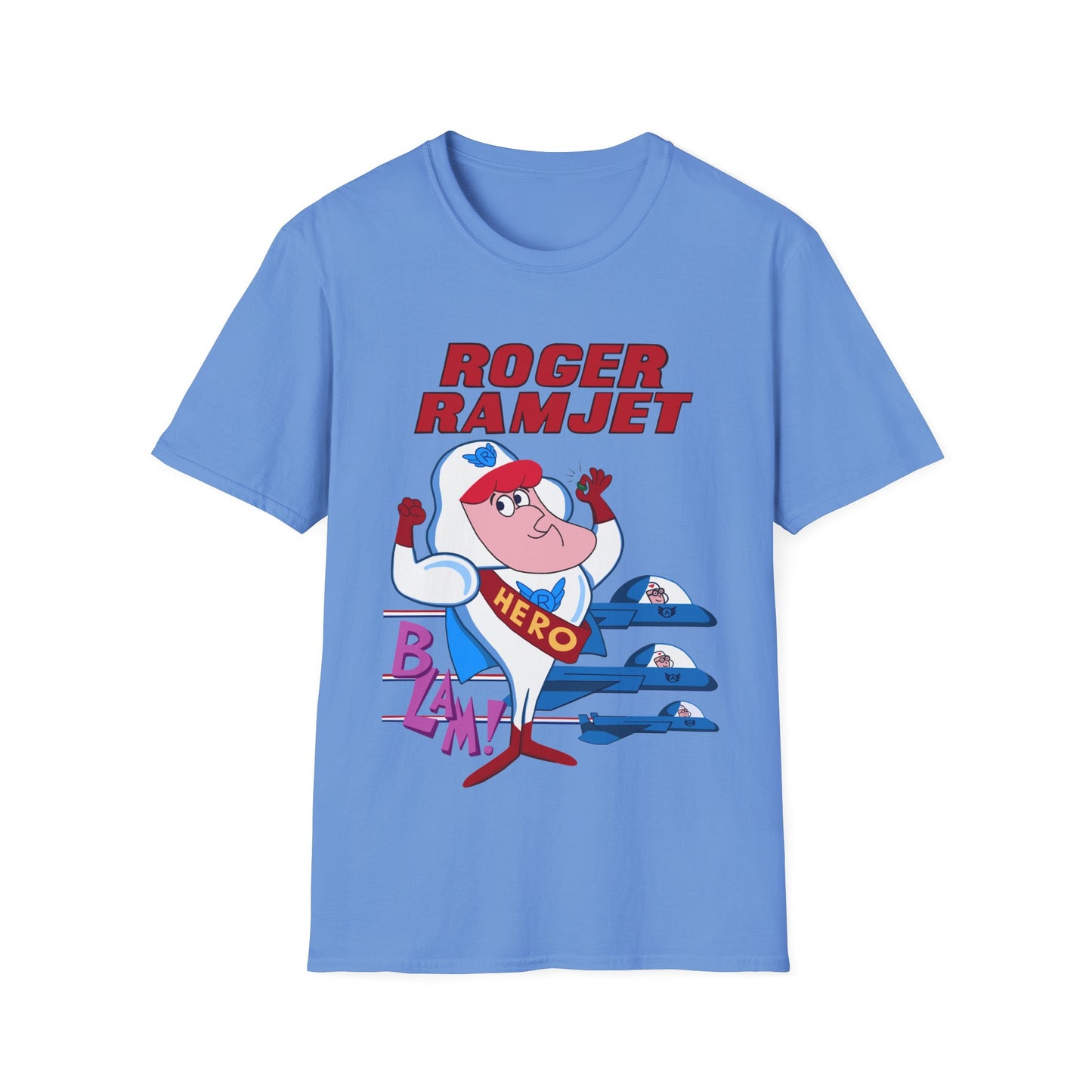 Blue t-shirt with cartoon character and text on a white background