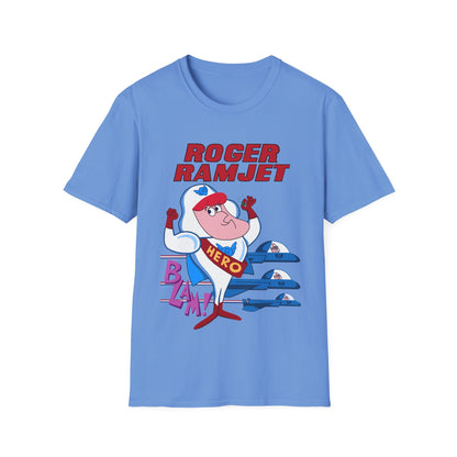 Blue t-shirt with cartoon character and text on a white background