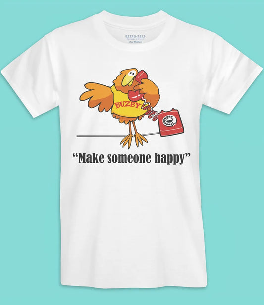 Retro Tees men's unisex soft white short sleeve t-shirt featuring Buzby cartoon bird with retro telephone saying "Make someone happy". 