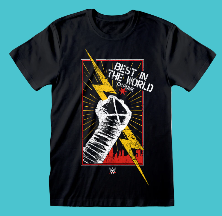Official WWE CM Punk Black t-shirt with a graphic design featuring a fist, Bolt of lightning  and text Best in the world