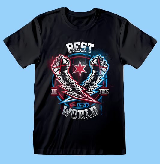 Official WWE CM Punk Black t-shirt with a graphic design featuring crossed swords, a star, and text on a white background