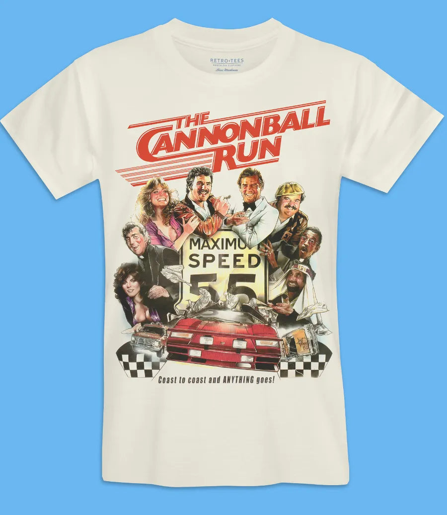 Men's Unisex short sleeve retro tees vintage cream t shirt featuring The Cannonball Run movie poster