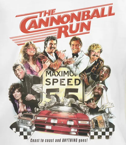Close up of Men's Unisex short sleeve retro tees ringer t shirt featuring The Cannonball Run movie poster