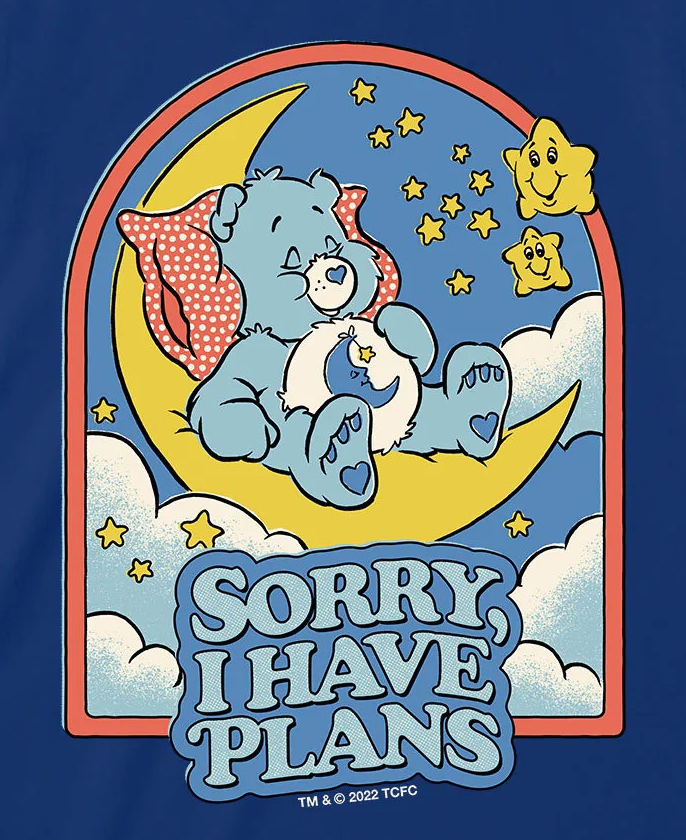 Steven Rhodes Care Bears Blue t-shirt with Bedtime bear on a moon, surrounded by stars and clouds, with 'Sorry I Have Plans' text.