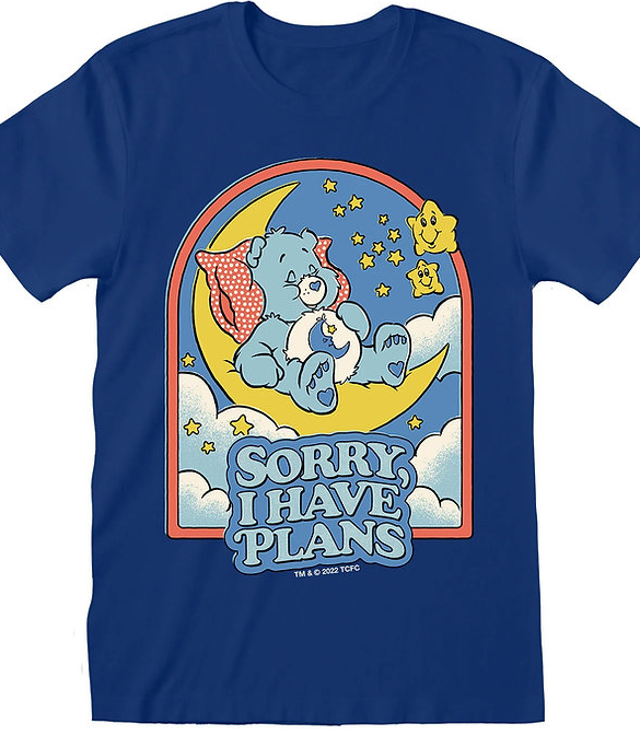 Steven Rhodes Care Bears Blue t-shirt with Bedtime bear on a moon, surrounded by stars and clouds, with 'Sorry I Have Plans' text.