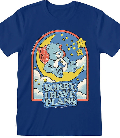 Steven Rhodes Care Bears Blue t-shirt with Bedtime bear on a moon, surrounded by stars and clouds, with 'Sorry I Have Plans' text.