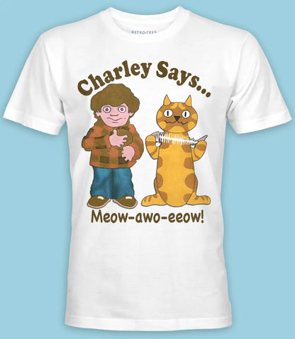 retro tees mens white short sleeve t-shirt featuring retro TV safety advert Charley says... Meow design print