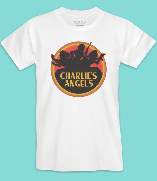 Men's Unisex white short sleeve t-shirt featuring Charlies Angels 70s logo graphics