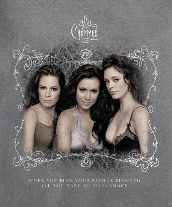 Officially Licensed Charmed merchandise Three women from 'Charmed' with decorative elements and text on a gray background