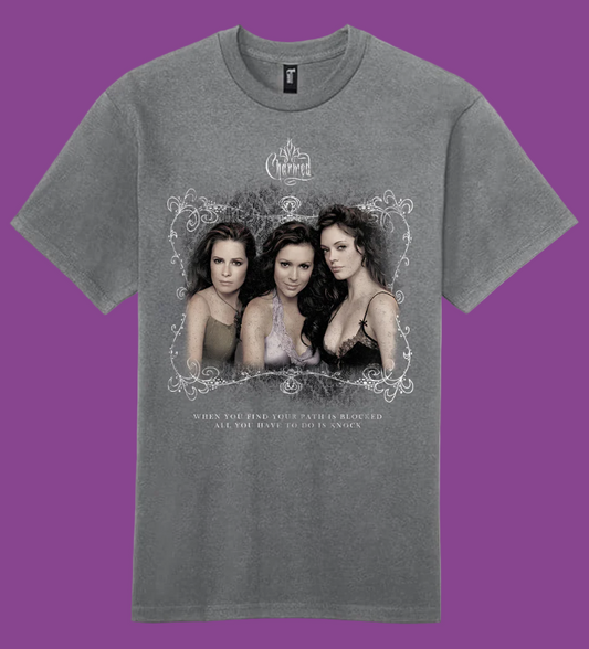Officially Licensed Charmed merchandise Grey t-shirt with Charmed TV Show  graphic of three witches and text 