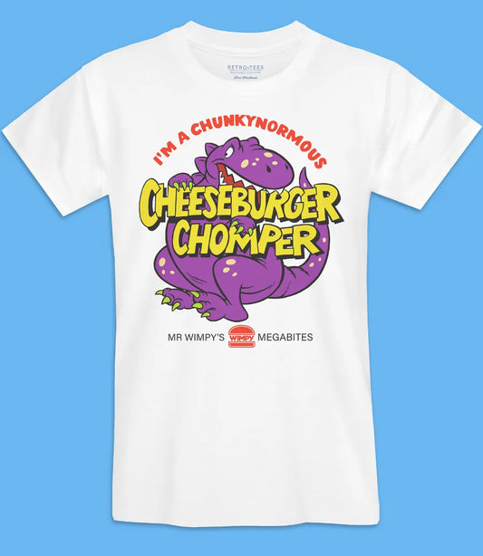 Mens short sleeve white short sleeve t-shirt featuring  purple dinosaur with Im a chunkynormous Cheeseburger Chomper text